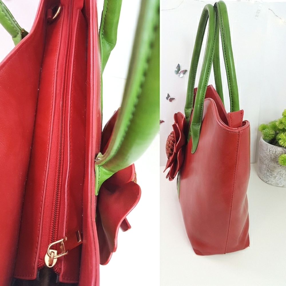 Floral🌺Tote HandBag| Red Green|3D Embossed|Vegan - Picture 5 of 10